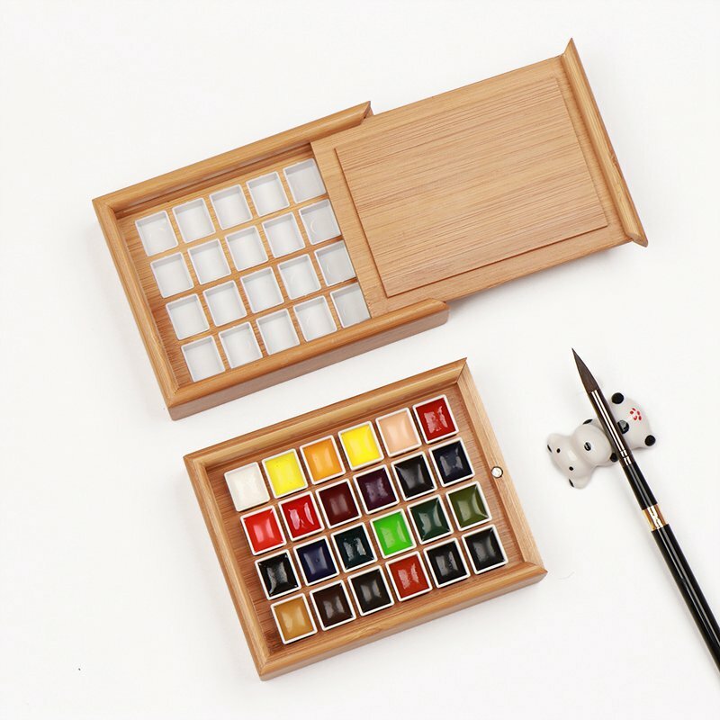 Leere Bambus Farbe Palette Mit Deckel Tragbare Aquarell Tablett Lagerung Box Mit 24/36 Halb Pfannen für Malerei Kunst Liefert