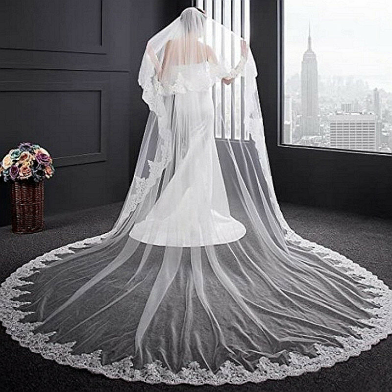5 M Long Cathedral Wedding Veils Two Layers Lace Bridal Veil with Comb Blusher Veil velo novia Wedding Accessories