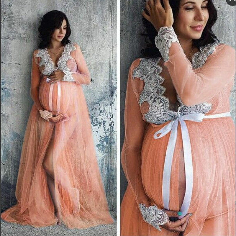Vestidos maternidade para sessão fotográfica, renda de uma peça, roupas de fotografia de gravidez, vestido esfregando para mulheres grávidas, fio frontal dividido