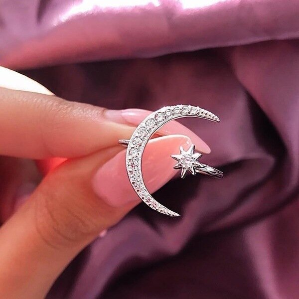 925 Sterling Silver Fashion Engagement Ring Jewelry Open Star Moon Finger Ring for Women Girls Birthday Gift JZ486