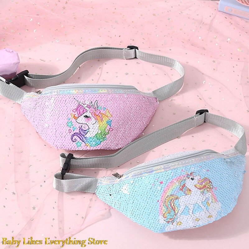 Riñonera de unicornio con lentejuelas brillantes para niños y niñas, bolso de cintura con cinturón de hombro para niños, bolsa para teléfono con dibujos animados