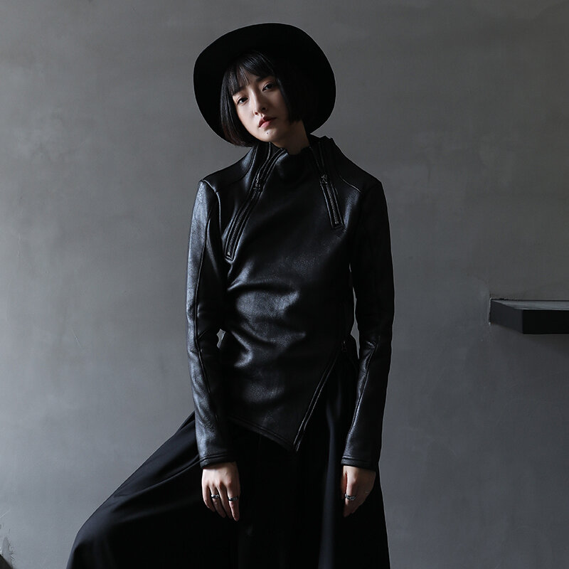 UMI MAO-Sudadera de piel sintética para mujer, chaqueta gótica negra con cuello levantado Irregular y cremallera Diagonal, estilo Yamamoto oscuro, Y2K