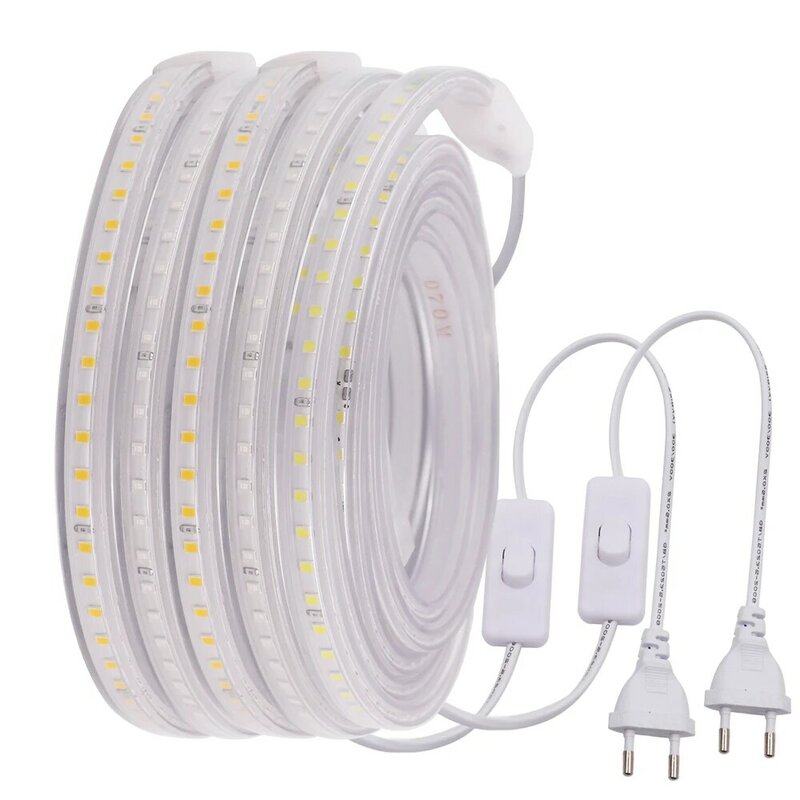 Lampu LED Strip 220V Fleksibel Pita LED SMD2835 120 LED Tahan Air LED Pita dengan Uni Eropa Switch Plug untuk Rumah dekorasi