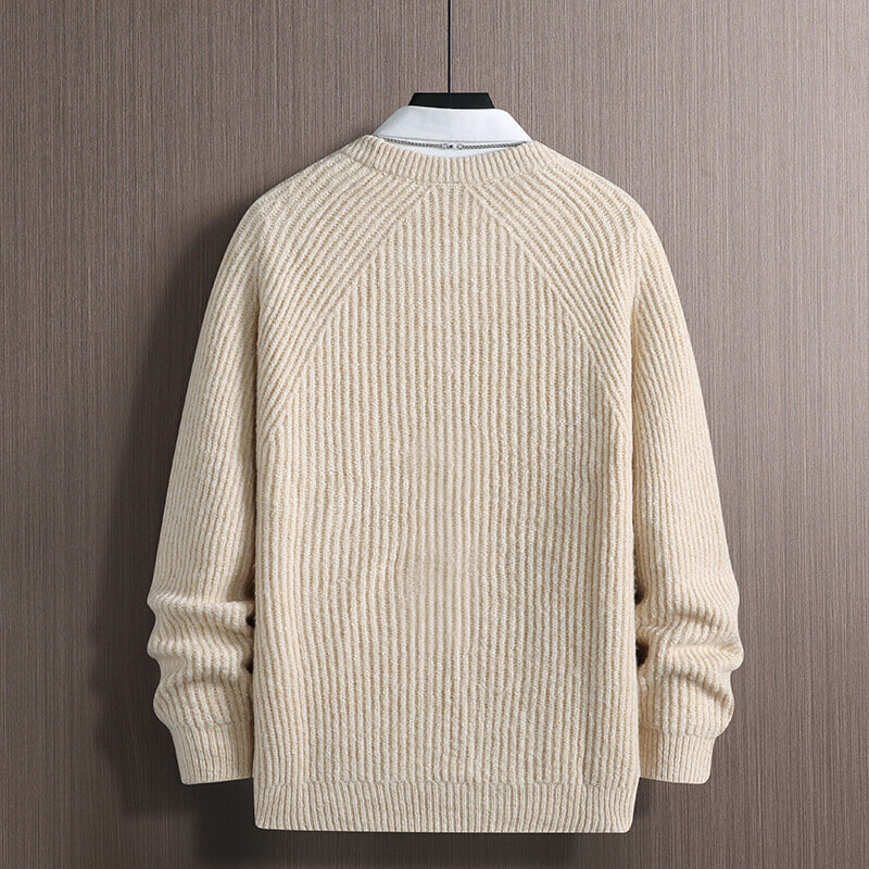 MRMT 2024 merek Sweater kerah bulat pria tren versi Korea longgar pakaian rajut Jacquard pria warna Solid dengan pakaian luar tebal