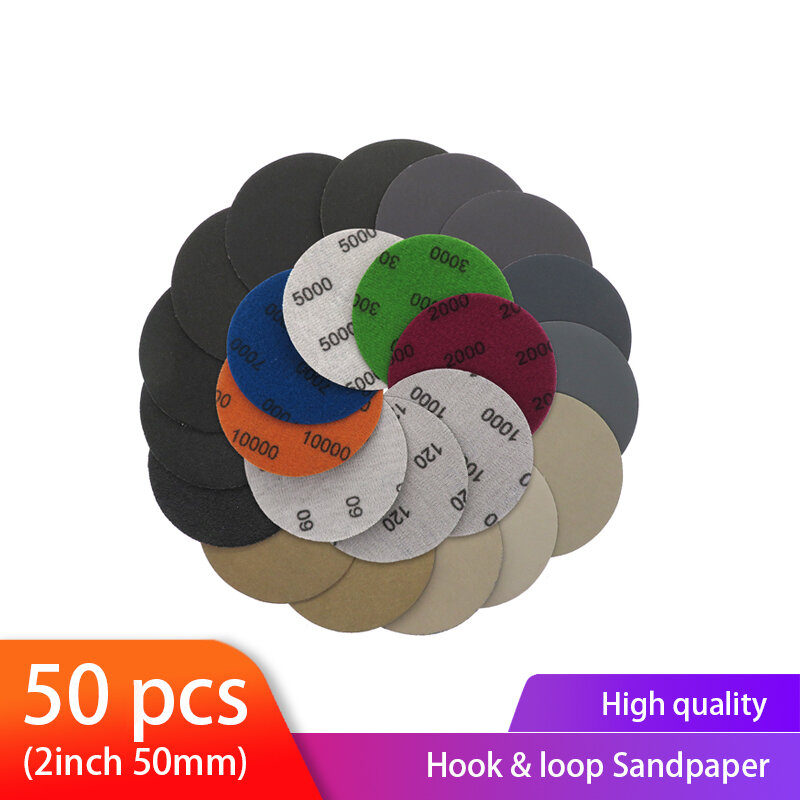 50PCS 2Inch Sanding Discs 60-10000 Grit Silicon Carbide Wet and Dry Sanding Paper Hook&Loop Sandpaper for Woodworking