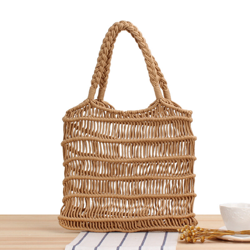 Bolsa de praia portátil feminina com corda de algodão, bolso líquido tecido à mão, bolsa de palha da moda feminina, verão 2021