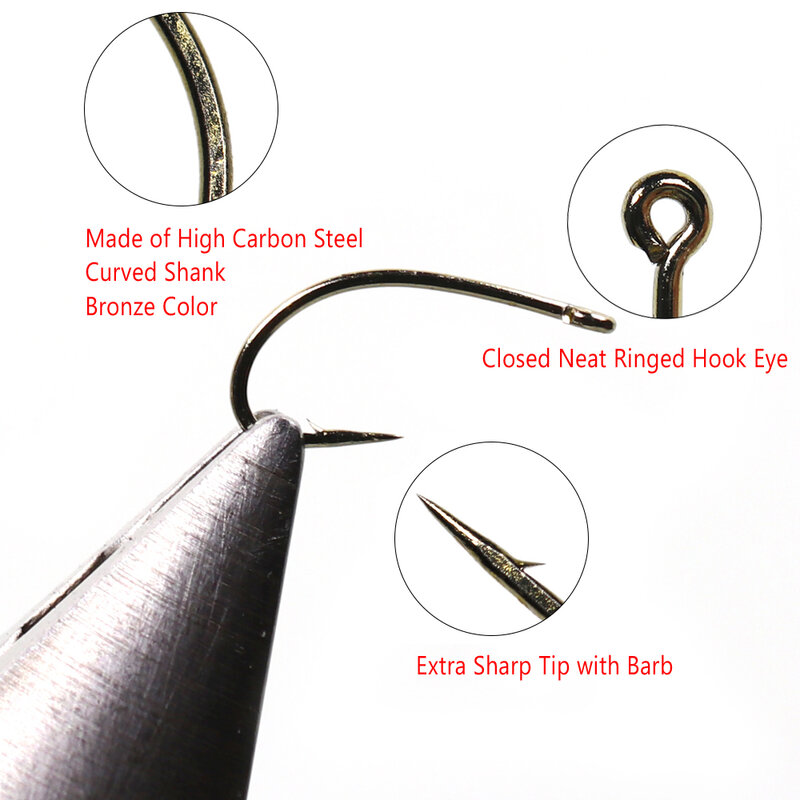 Bimoo  Fly Fishing Dry Fly Hook Standard Wire Nymph Curved Hook Bronze Finish Small Fly Lures Tying Material 12 14 16 18 20