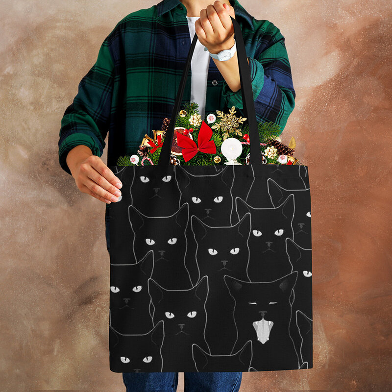 Lady Designer duże torba z rączkami Sumi czarny nadruk z kotem tkanina lniana Eco torebka zakupy biuro wielokrotnego użytku codzienna torba na ramię