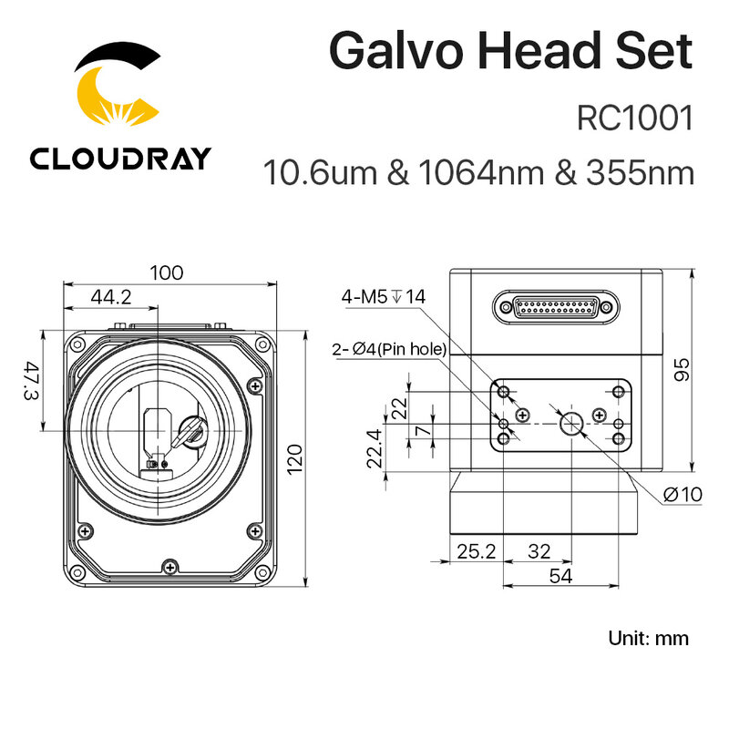 Cloudray-Fiber Laser Scanning Galvo Head Set, Scanner Galvanômetro com fonte de alimentação, 10.6um, 1064nm, 355nm, 10mm, RC1001
