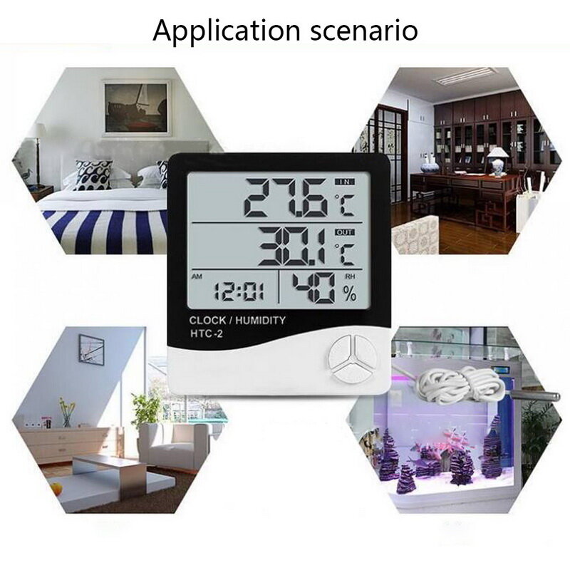 Junejour nuevo medidor de humedad de temperatura Digital LCD casa interior exterior higrómetro estación meteorológica con reloj 1 pieza
