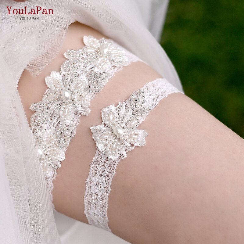 Youlapan-花の刺繍が施された白いレースのレッグストラップ,レッグストラップ付き,セクシー,女性用,結婚式用,高さ40 41