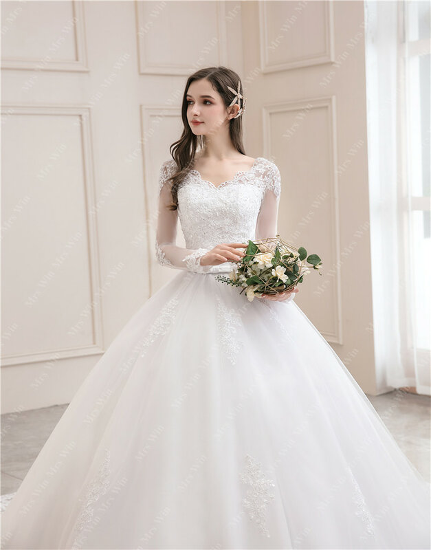 Vestido de noiva luxuoso manga cheia com trem para a noiva, vestidos clássicos princesa, sexy V-Neck, vestido de baile, novo, 2023