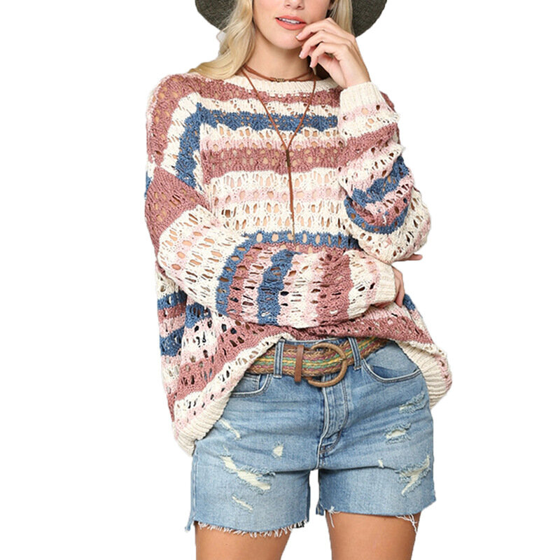 Свитер женский с длинным рукавом, повседневный вязаный свободный свитер с цветными полосками, с круглым вырезом, модная осенне-зимняя одежда