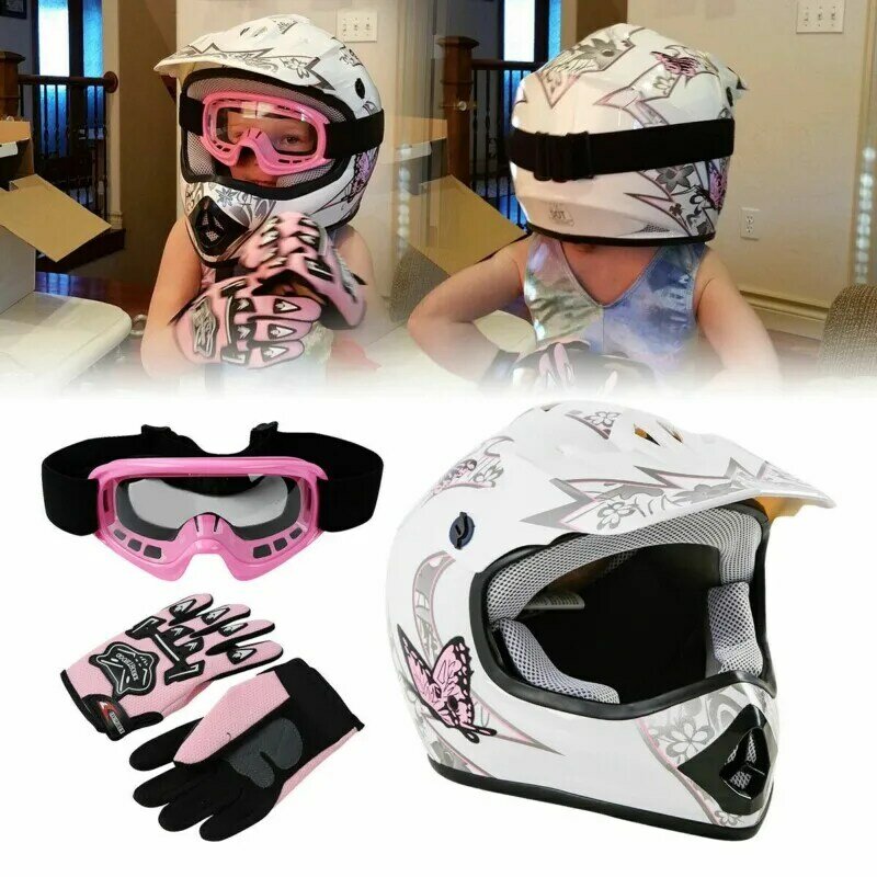 Dot juventude crianças capacete rosa borboleta vermelho aranha net da bicicleta sujeira atv mx capacetes rosto cheio com óculos + luvas ciclismo casco moto kask