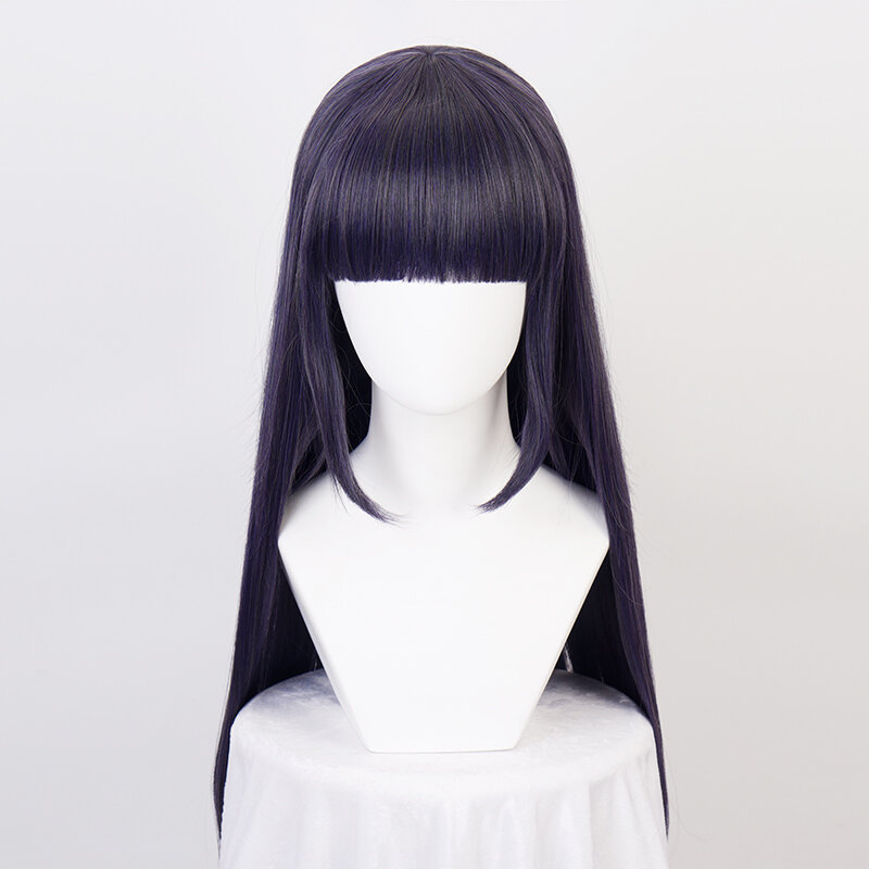 Hyuga Hinata Rambut Sintetis Lurus Biru Campuran Rapi Bang Wig Cosplay + Topi Wig