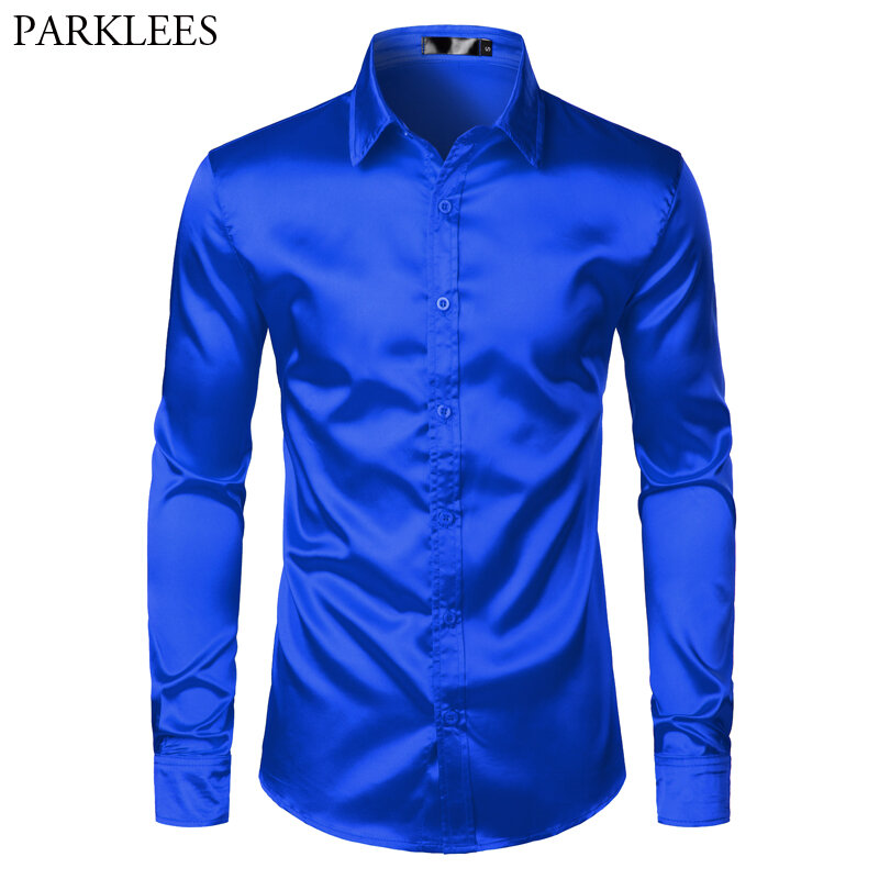 Camisa de satén de seda azul real para hombre, camisa informal de lujo, ajustada, para fiesta de boda, 2023