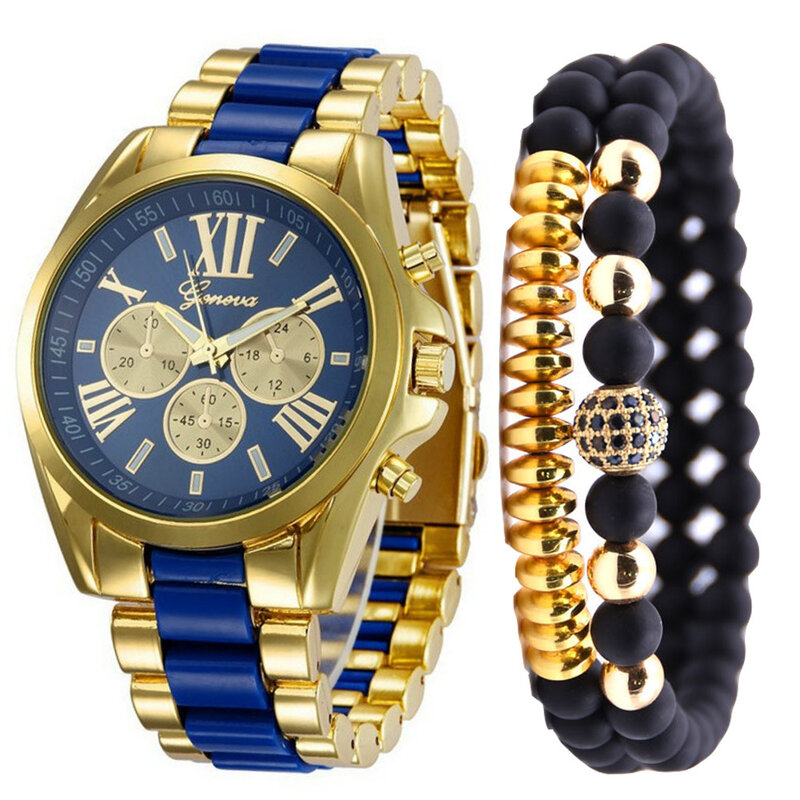 2021 새로운 도착 패션 간단한 시계 팔찌 세트 럭셔리 브랜드 고품질의 큰 로마 숫자 석영 시계 남자 손목 시계 Saat
