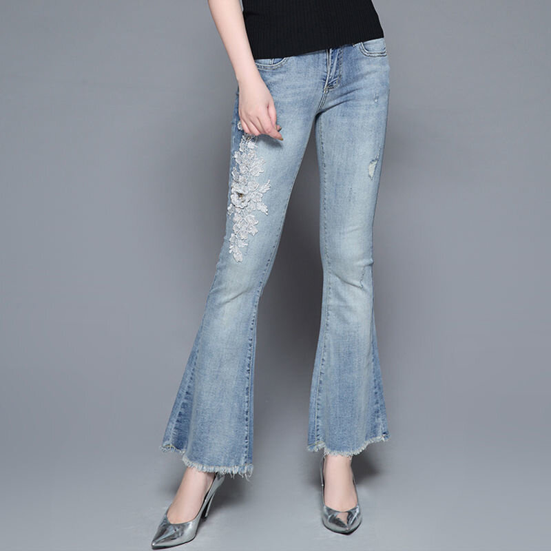 Quần Jeans Nữ Xuân Hè Mỏng Cao Cấp Xòe Denim Quần 2021 Phong Cách Hàn Quốc Mới Skinny Vintage Thêu Crop Quần