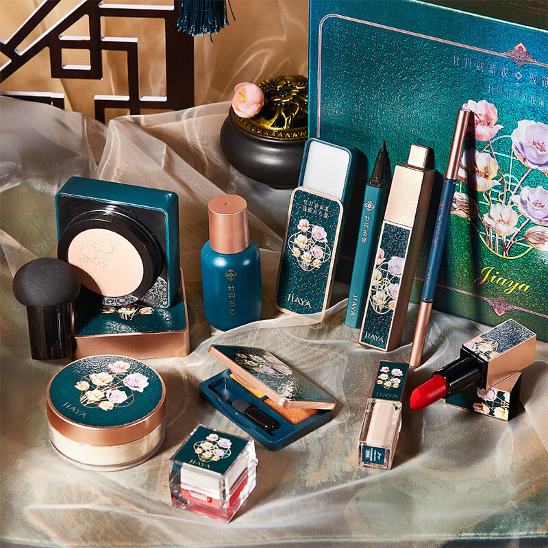 12Pcs Chinese Style Cosmetics Makeup Set Peony Gift Box Velvet Lipstick Air Cushion Loose Powder Concealer Women Make Up Tools