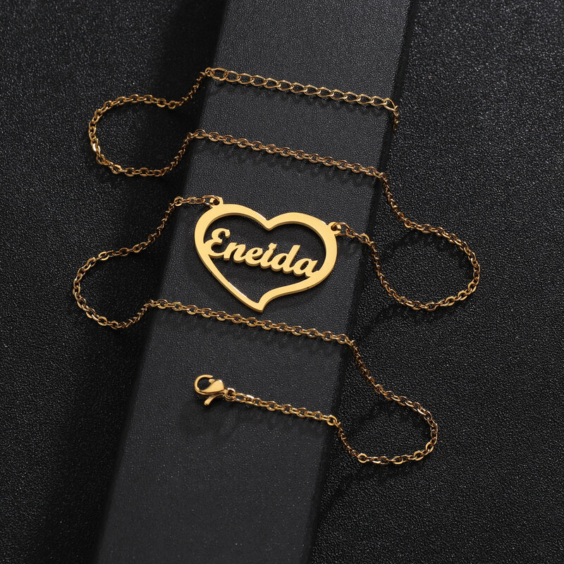 Akizoom-collar de corazón con nombre personalizado para mujer, cadena con colgante de placa de identificación de Color dorado, joyería personalizada, regalo de Navidad