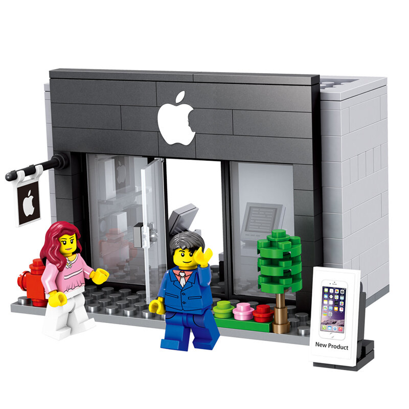 Mini City Street Toy Shop Retail Store 3D Model McDonald KFCE Cafe Apple Miniature Building Block for kid compatible