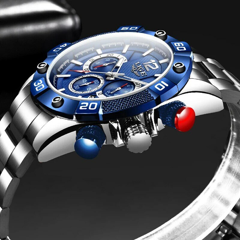 Часы наручные LIGE Мужские кварцевые, спортивные водонепроницаемые светящиеся брендовые люксовые, с хронографом из нержавеющей стали