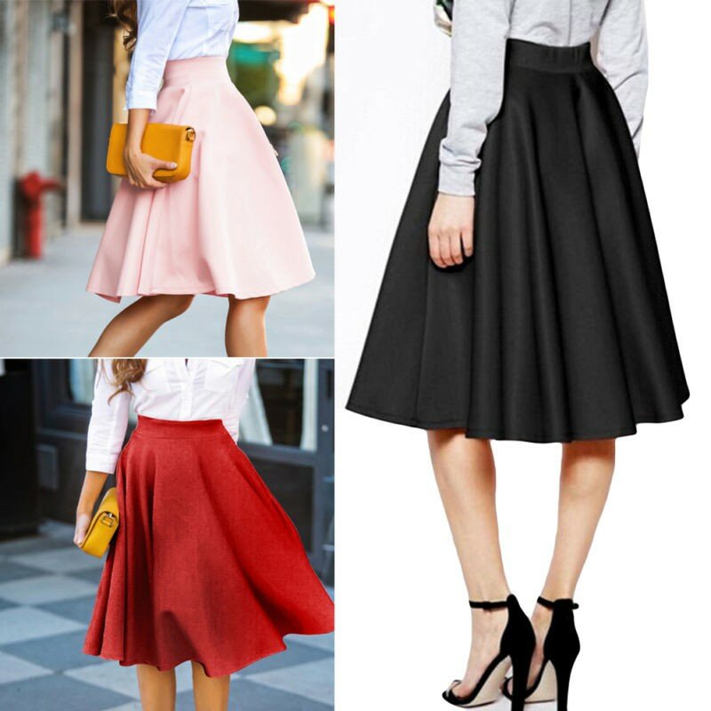 + 2020 mujeres de alta cintura de Color sólido falda otoño plisado Swing rodilla faldas rojo rosa negro moda falda elástica 1 pieza