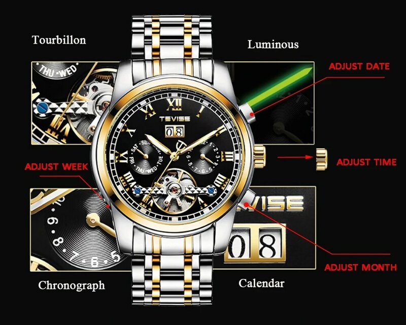 TEVISE Men's Tourbillon Waterproof Watches Automatic Mechanical Watches Men Skeleton Watch Male Wristwatch Relogio Masculino