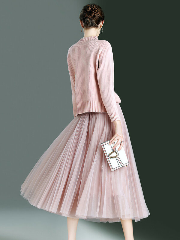 Комплект Boollili женский из двух предметов, весна-осень 2023, винтажный элегантный свитер, топ, длинная юбка, Женская Корейская розовая сетчатая юбка, платья