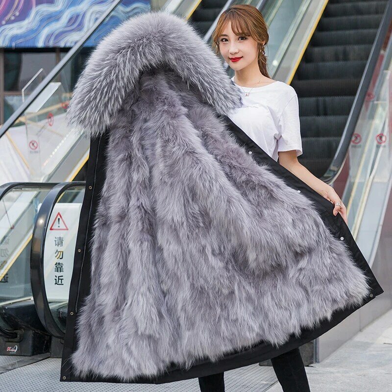 À prova dwaterproof água parka casaco de pele de inverno feminino casaco de pele real natural pele de guaxinim forrado casaco x-longo outerwear moda streetwear