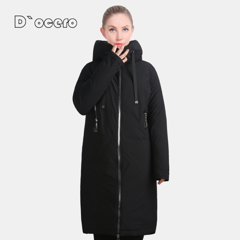 معطف نسائي شتوي من D'OCERO موضة 2022 معطف نسائي من القطن كبير الحجم معطف مبطن احترافي دافئ طويل بقلنسوة
