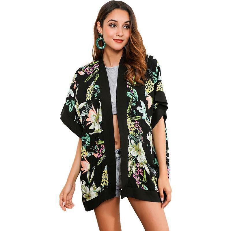 Mostnica ฤดูร้อน Tropical พิมพ์ Kimono ผู้หญิงแขนสั้น Ruffled แขน Mori สาวยาว Cardigan Kimono ผู้หญิงแฟชั่น Streetwear