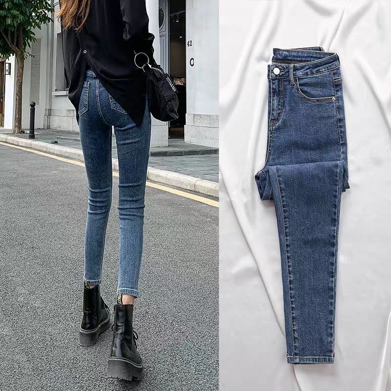 Calças de brim de cintura alta fino para mulheres casual magro stretchable calças de brim das senhoras streetwear calças de brim longas