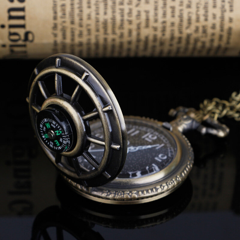 นาฬิกาพกลายโครงกระดูกกลวงเข็มทิศคลาสสิกสีดำหน้าปัดกลมรูปดาวโบราณจี้นาฬิกาของขวัญ