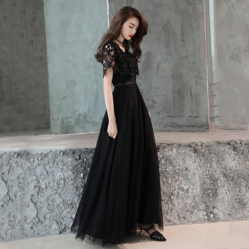Women's Birthday Party Dress Short Sleeve V-Neck Elegant Party Gowns Floor-Length Lace Flowers Formal Evening Dresses