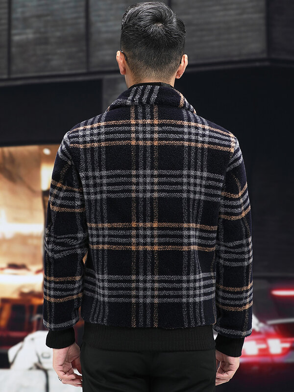 2022 남성용 진짜 양털 재킷, 짧은 양 전단 코트, 두껍고 따뜻한 격자 무늬 캐주얼 외투, 겨울 패션, O756