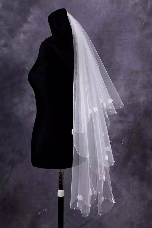 One-tier Fingertip Bridal Veil, Pearl Flower, Casamento, Tule