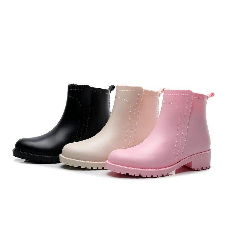 Zapatos de lluvia Chelsea para mujer, botines de goma, cálidos, antideslizantes, para agua, color Beige, rosa y negro