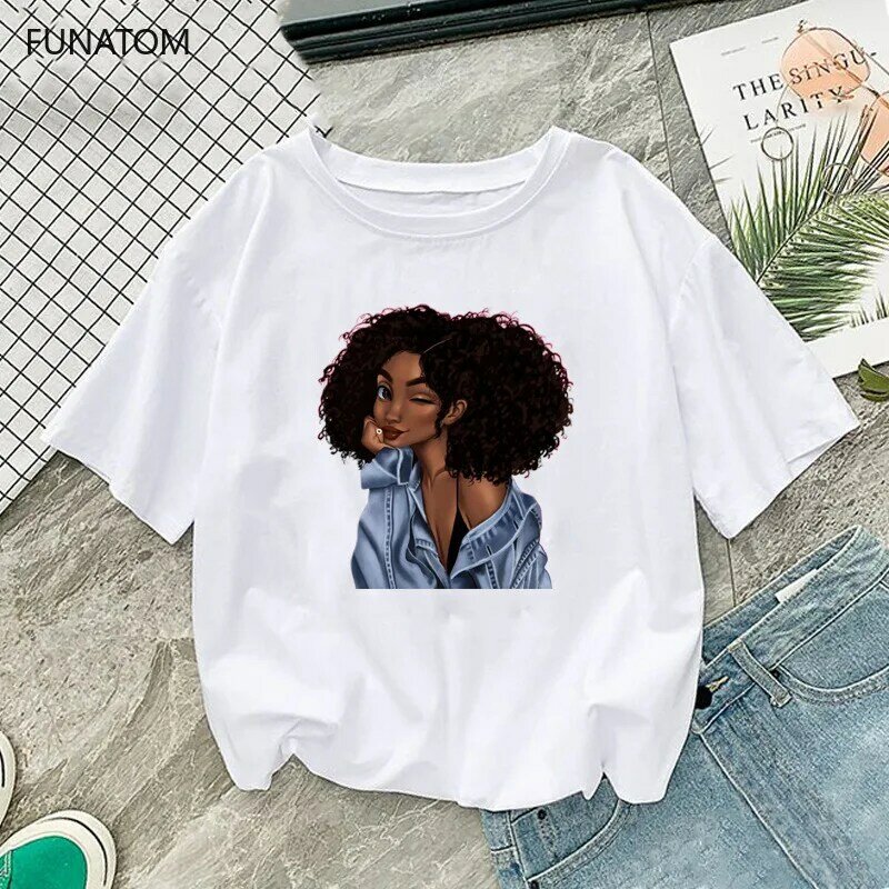 Melanin Poppin Hemd Vogue T Shirt Frauen Schwarz African Lockige Haar Mädchen Gedruckt T-shirt Femme Harajuku Kleidung Weibliche T-shirt Tops