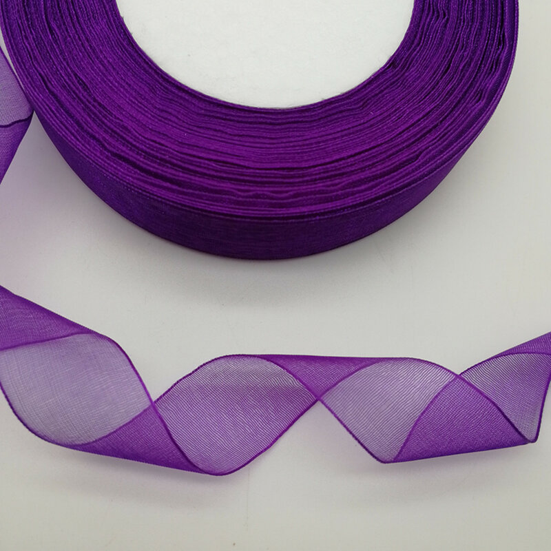 Bobine de ruban en Organza transparent, 50 Yards 10/20/50mm de largeur, couleurs violettes, bord en Satin, à faire soi-même