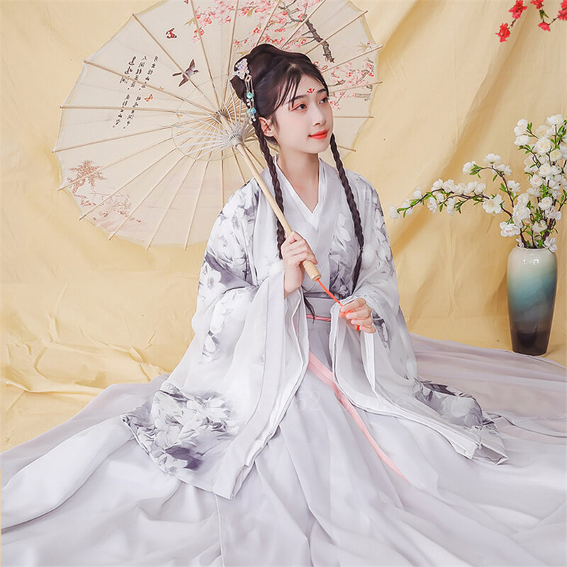Oude Traditionele Chinese Vrouw Elegante Hanfu Jurk Fairy Borduurwerk Stadium Flok Dans Kostuum Retro Tang-dynastie Hanfu