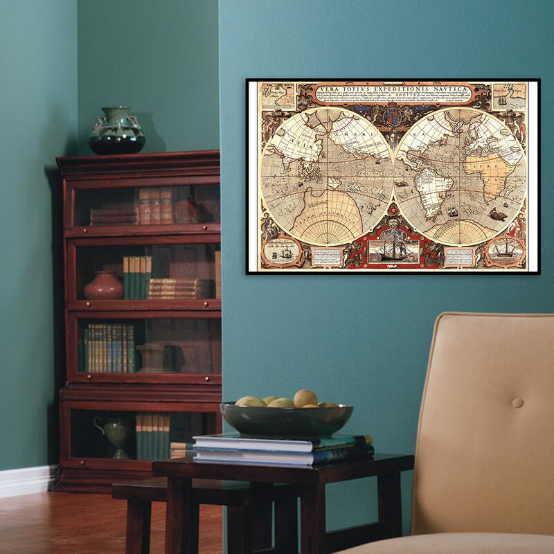 75*50cm The World Map Vintage Canvas Painting Medieval Latin Wall Art Poster School Supplies Living Room Home Decoration