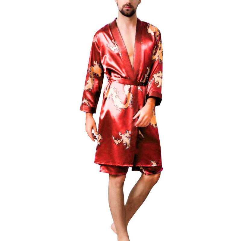 Set di pigiami da notte per pigiama da uomo con stampa drago in seta imitazione 2 pezzi