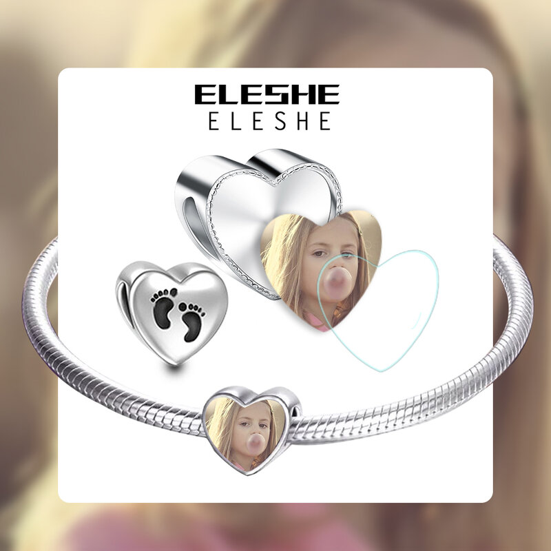 ELESHE-abalorios románticos personalizados con foto en forma de corazón, aptos para Pulsera Original, cuentas de plata de ley 925, fabricación de joyas originales DIY