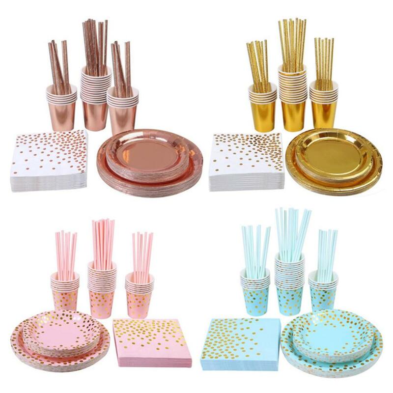 Disposable Tableware Set for Adult, Plate and Napkin, 8 People, High Quality, Stamping, Happy Birthday Party Decor, Kid, Wedding