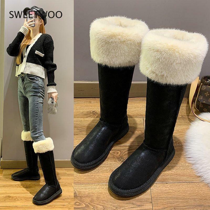 High tube snow boots women winter new Korean fashion pu boots plus velvet thick cotton boots