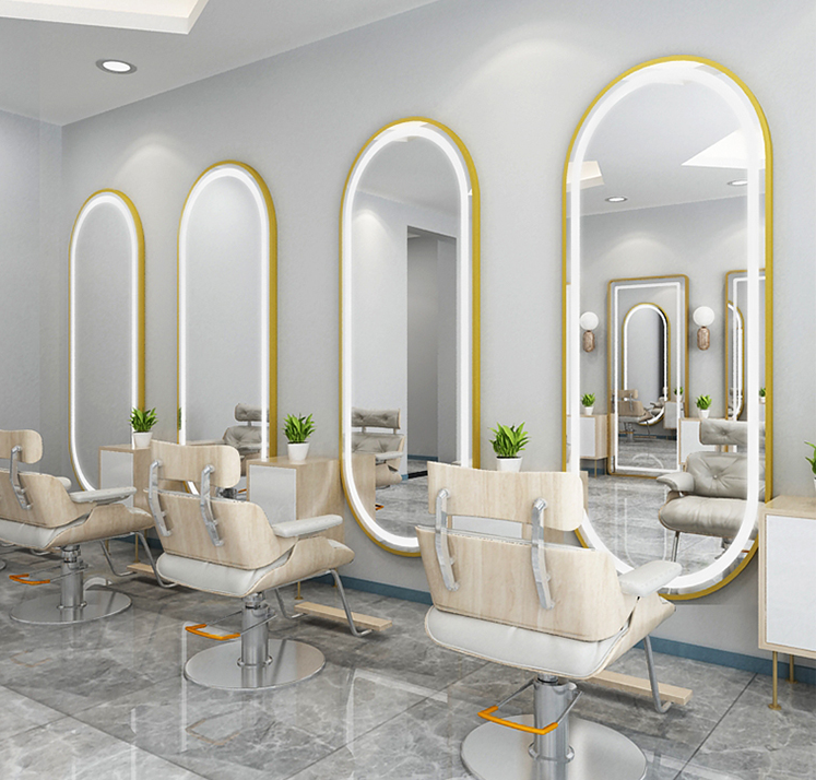 Espelho de cabeleireiro de parede europeu, Espelho de barbeiro, Luz LED especial, Vermelho líquido, Simples, Salão