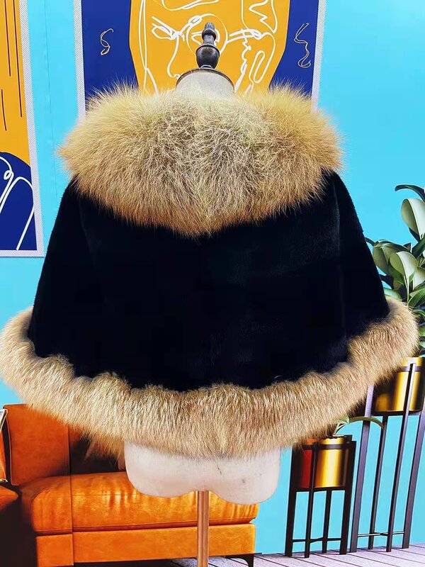 Aulande2021 New Natural Mink Fur Cape With Real Fox Fur Collar Cape Fashion Warm Women's Winter Coat Free Shipping