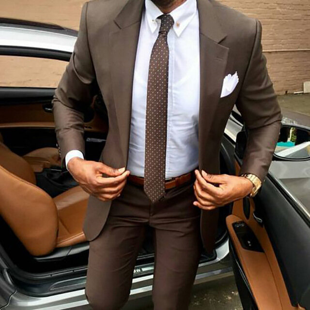 Traje ajustado elegante para hombre, chaqueta y pantalones con diseño de abrigo y pantalones, color marrón, para boda y fiesta de negocios, novedad de 2021