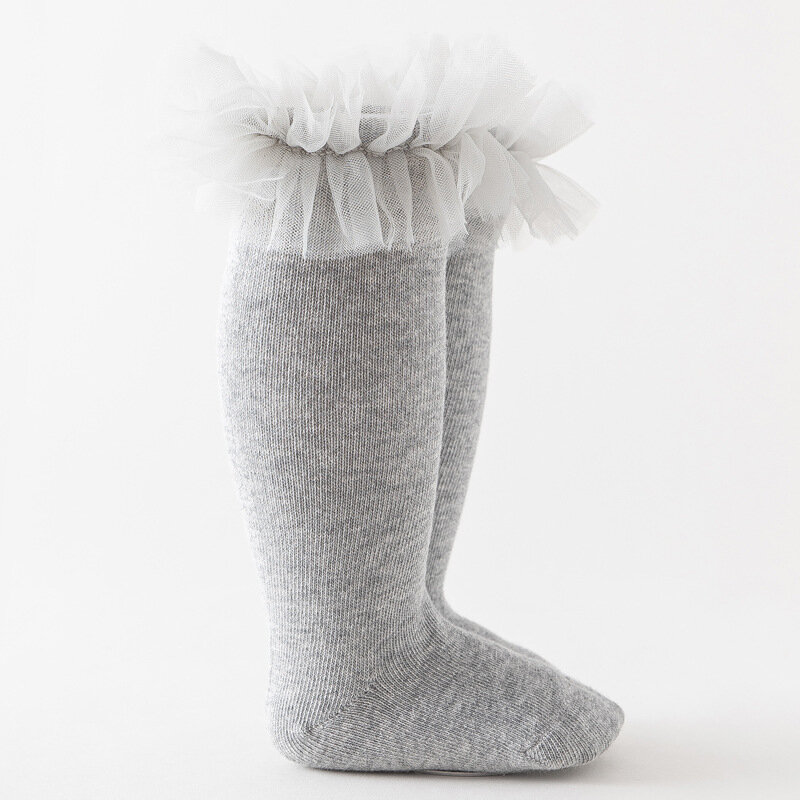Knee High Soft Cotton Socks infantil, malha, renda, flor, tubo, meninas, bebê, crianças pequenas, outono, inverno